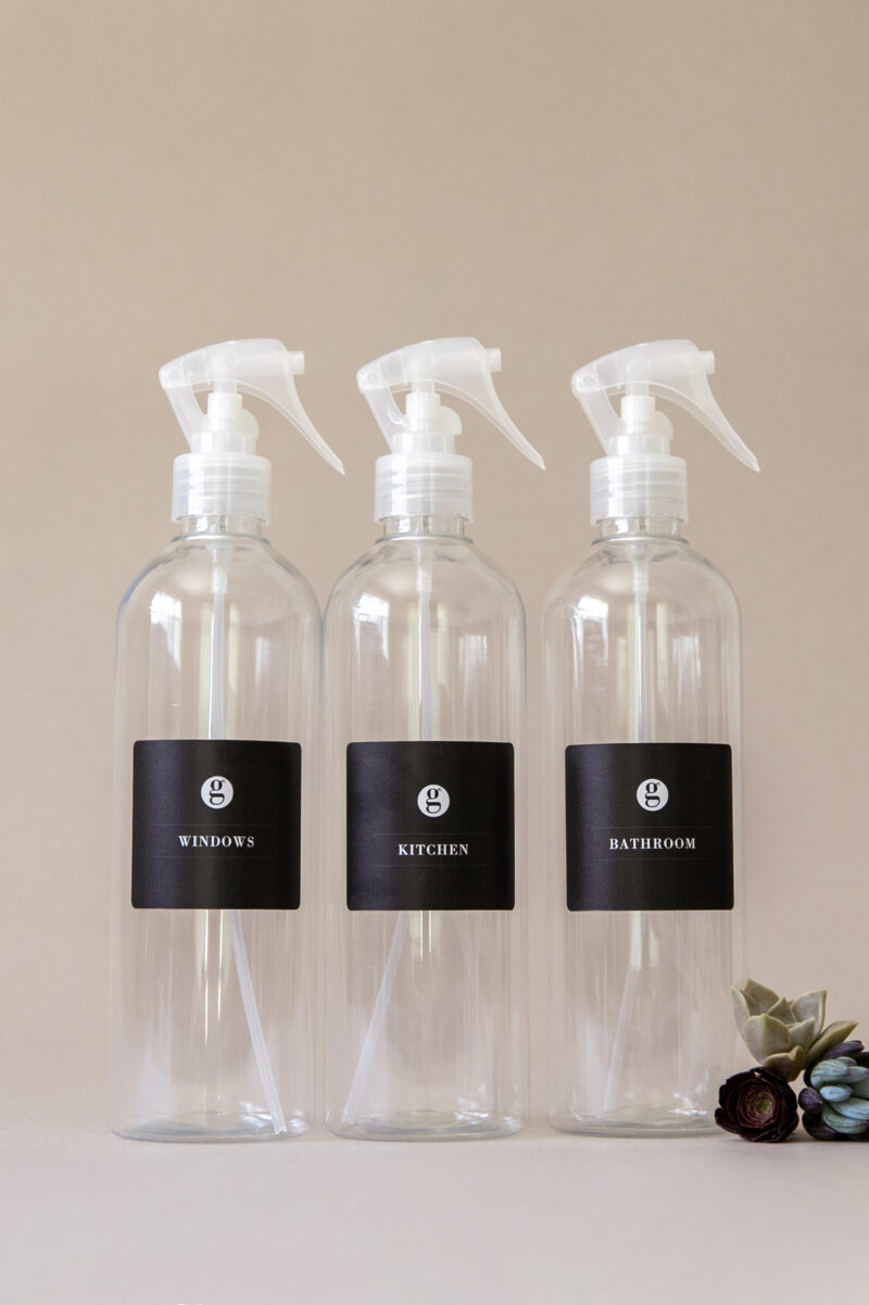 Set of three labelled 500ml plastic bottle trigger sprayers for kitchen, bathroom, and window cleaning